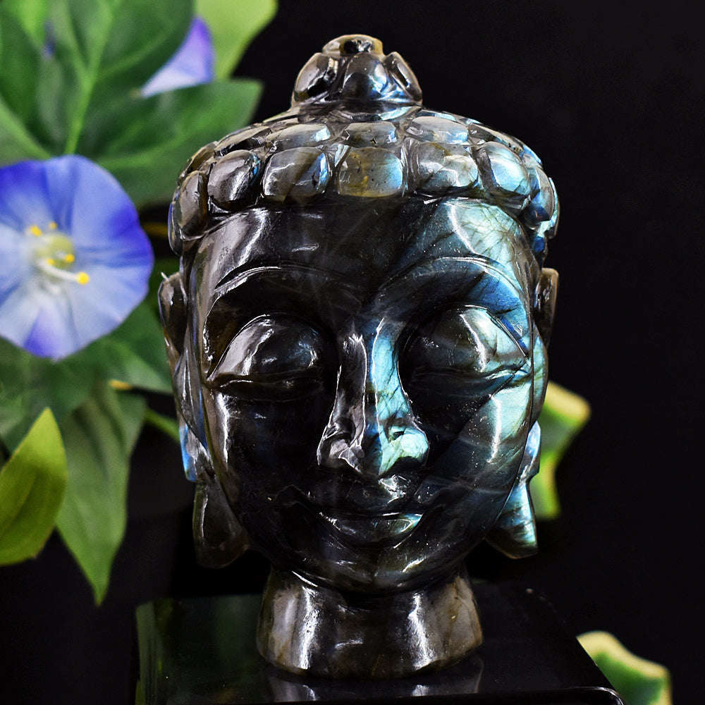 gemsmore:Craftsmen Blue & Green Flash Labradorite Hand Carved Genuine Crystal Carving Buddha Head