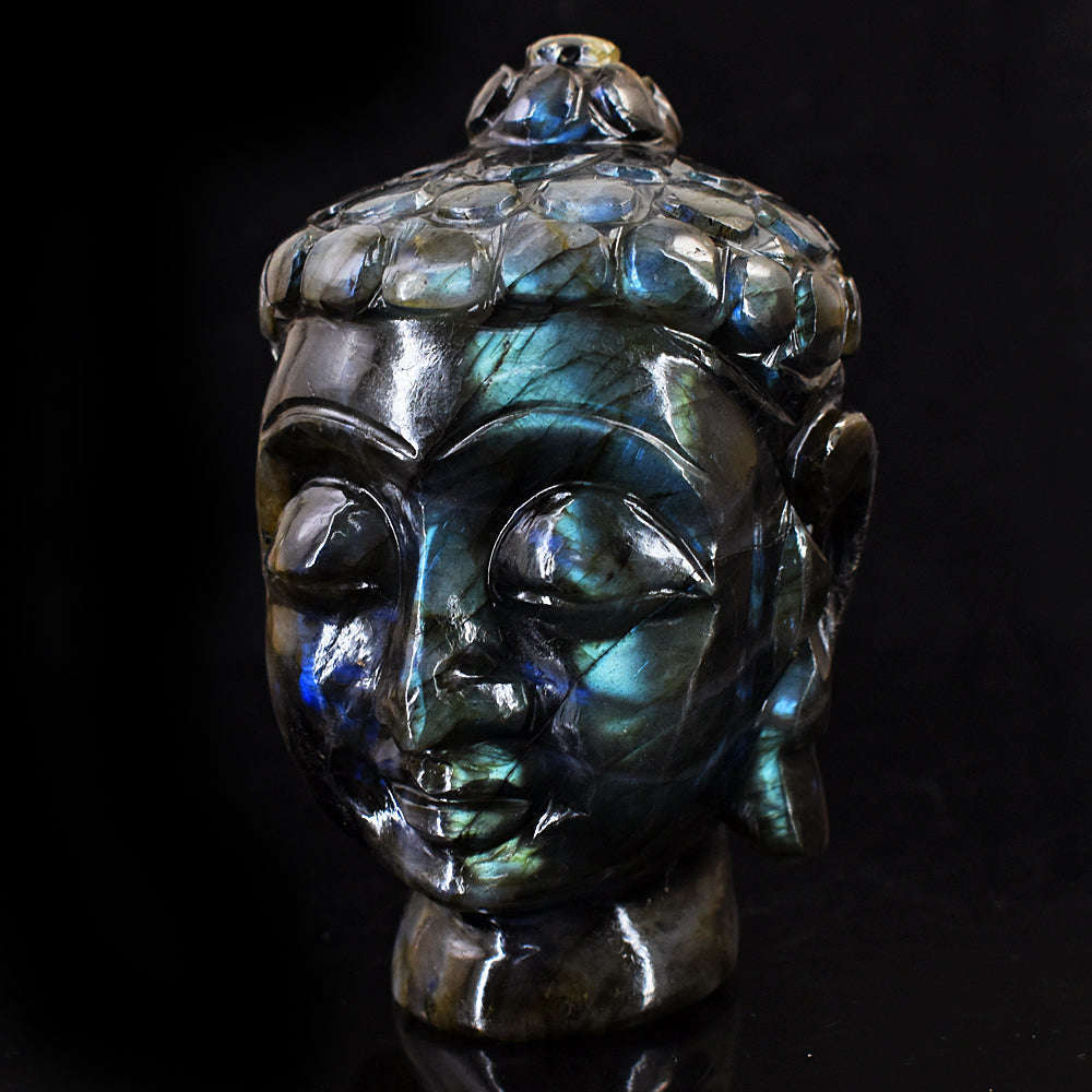 gemsmore:Craftsmen Blue & Green Flash Labradorite Hand Carved Genuine Crystal Carving Buddha Head