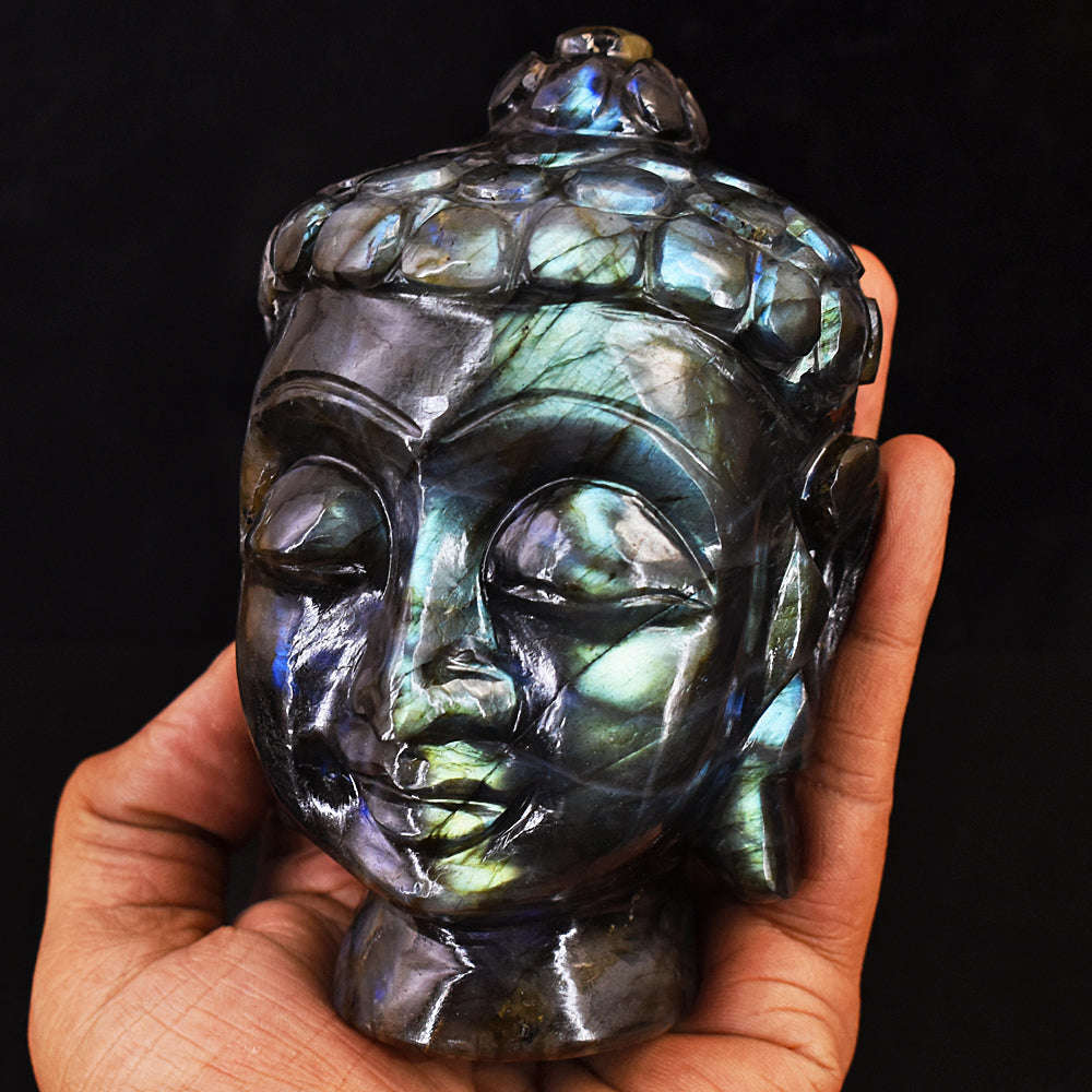 gemsmore:Craftsmen Blue & Green Flash Labradorite Hand Carved Genuine Crystal Carving Buddha Head