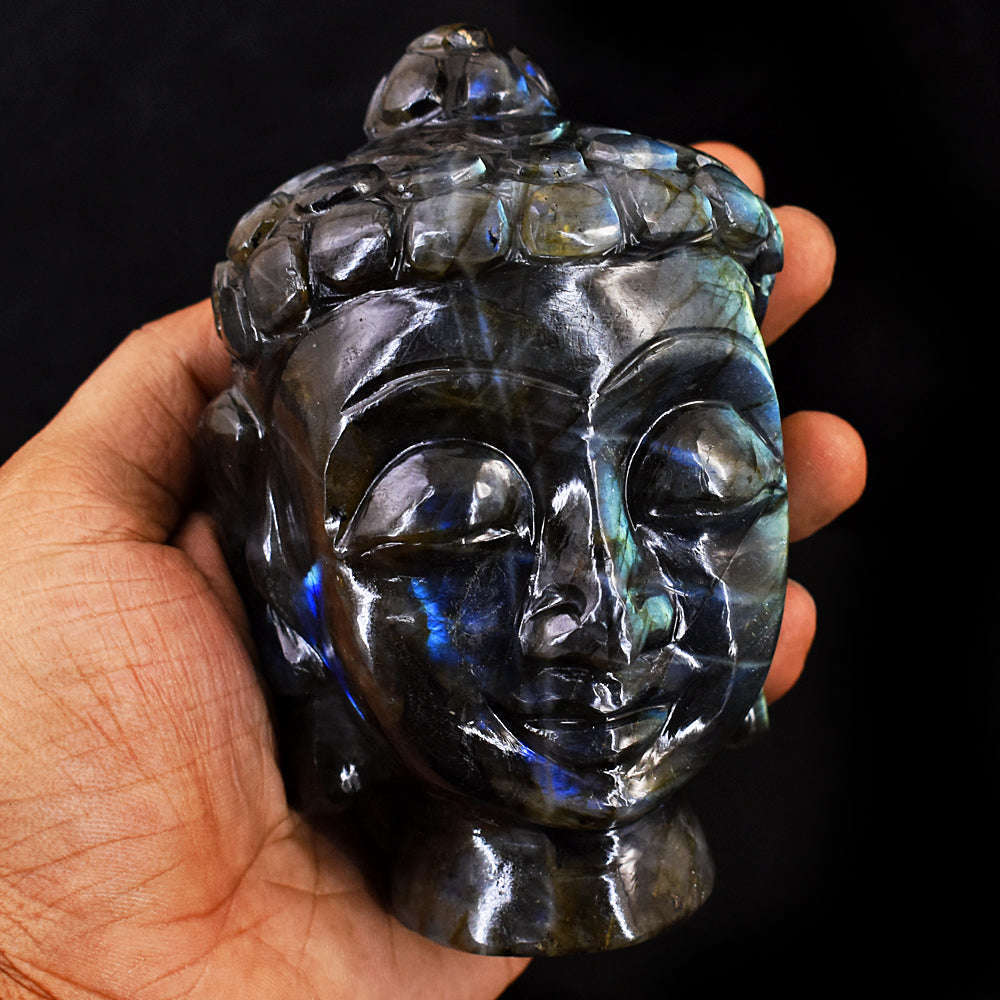 gemsmore:Craftsmen Blue & Green Flash Labradorite Hand Carved Genuine Crystal Carving Buddha Head