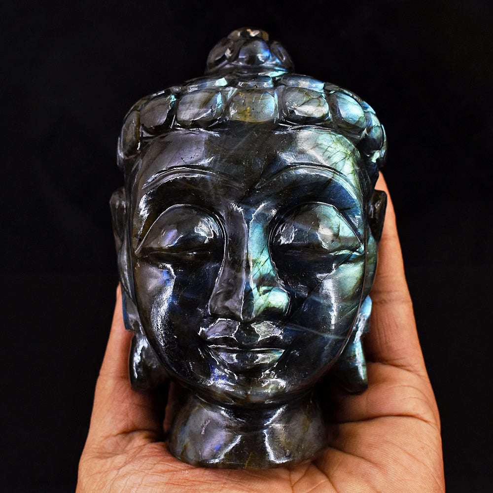 gemsmore:Craftsmen Blue & Green Flash Labradorite Hand Carved Genuine Crystal Carving Buddha Head