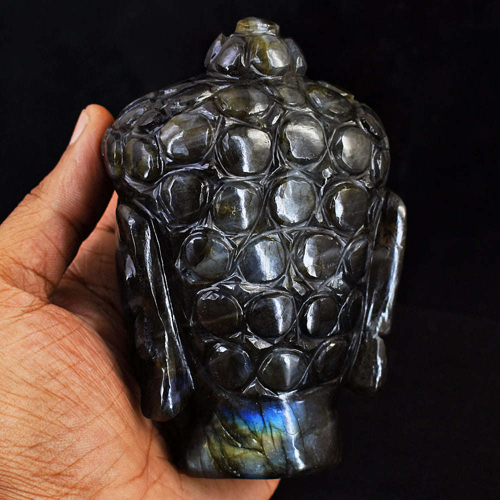 gemsmore:Craftsmen Blue & Green Flash Labradorite Hand Carved Genuine Crystal Carving Buddha Head