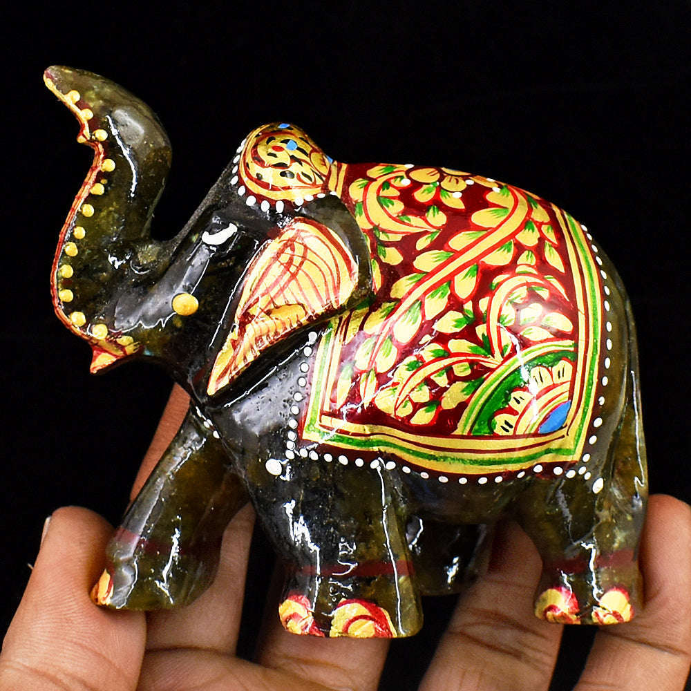 gemsmore:Craftsmen Labradorite  Enamel Printed  Hand Carved Genuine Crystal Gemstone Carving Elephant