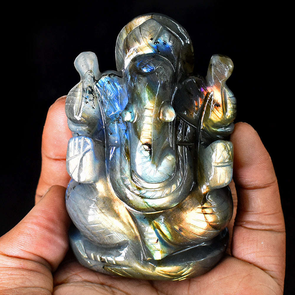 gemsmore:Craftsmen Labradorite  Hand Carved Genuine Crystal Gemstone Carving Lord Ganesha