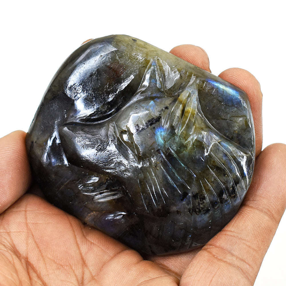 gemsmore:Craftsmen Labradorite  Hand Carved Genuine Crystal Gemstone Carving Wolf Cabochon