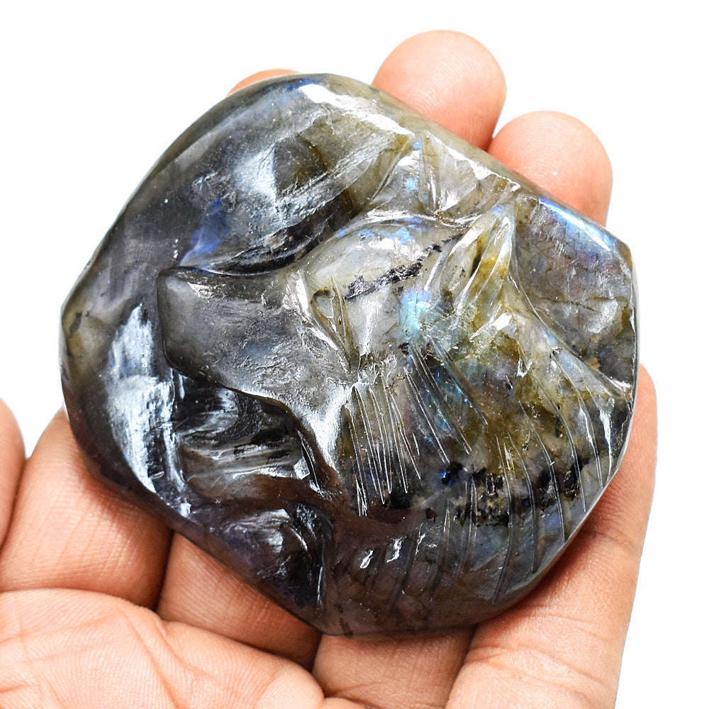 gemsmore:Craftsmen Labradorite  Hand Carved Genuine Crystal Gemstone Carving Wolf Cabochon