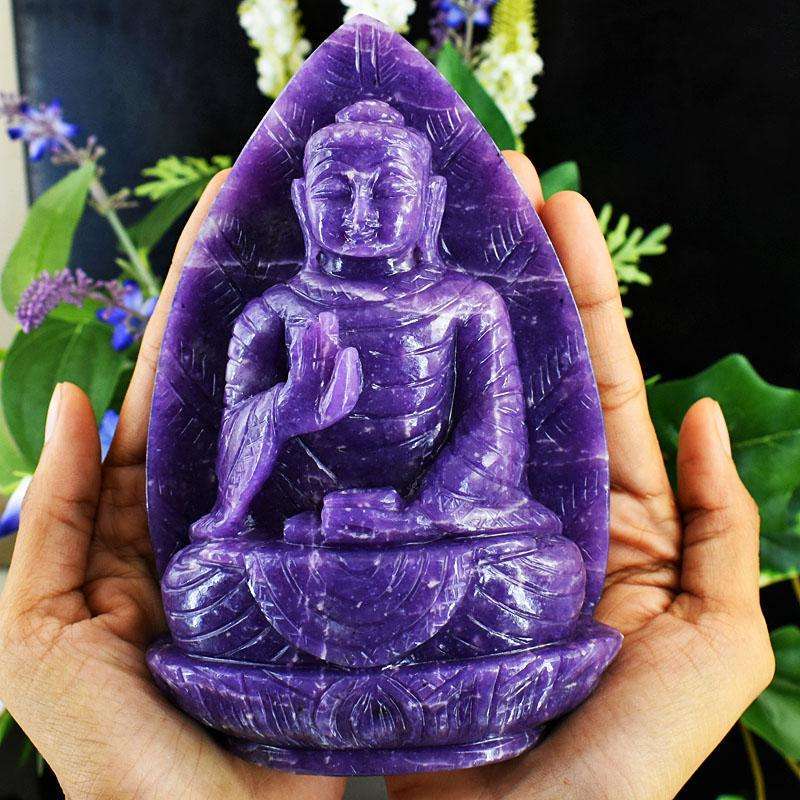 gemsmore:Craftsmen Lepidolite Hand Carved Genuine Crystal Gemstone Carving Leaf Palm Lord Buddha