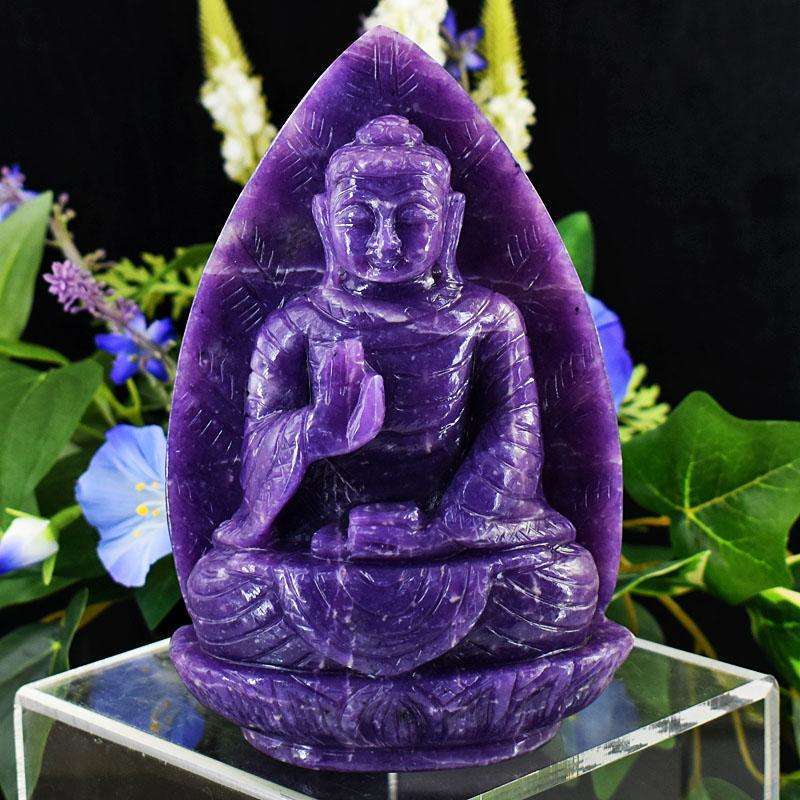 gemsmore:Craftsmen Lepidolite Hand Carved Genuine Crystal Gemstone Carving Leaf Palm Lord Buddha