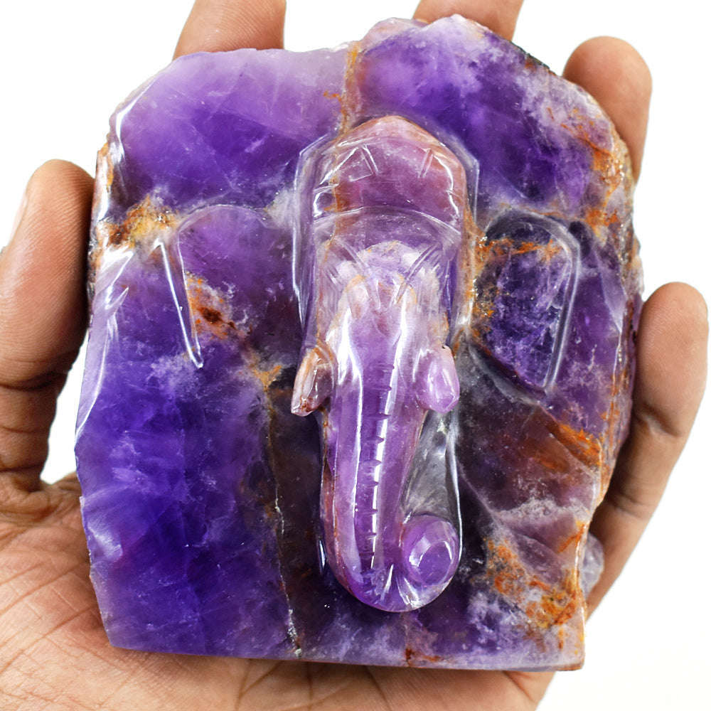 gemsmore:Craftsmen Super Seven Amethyst  Hand Carved Genuine Crystal Gemstone Carving Caved Lord Ganesha