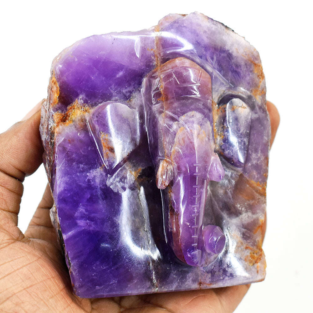 gemsmore:Craftsmen Super Seven Amethyst  Hand Carved Genuine Crystal Gemstone Carving Caved Lord Ganesha