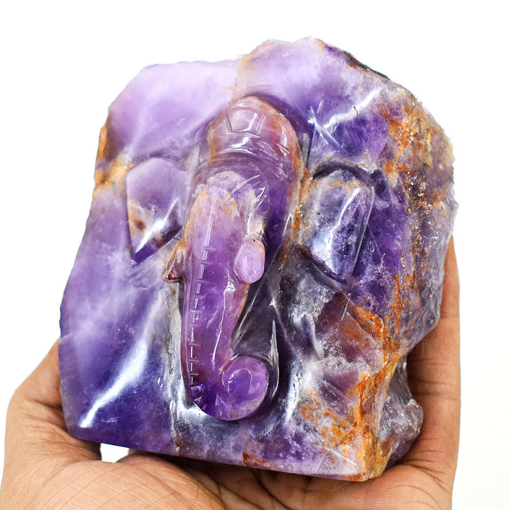 gemsmore:Craftsmen Super Seven Amethyst  Hand Carved Genuine Crystal Gemstone Carving Caved Lord Ganesha