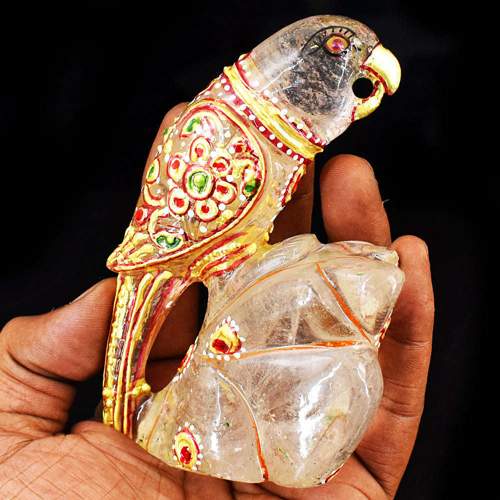 gemsmore:Craftsmen White Quartz Enamel Printed Hand Carved Genuine Crystal Gemstone Carving Parrot