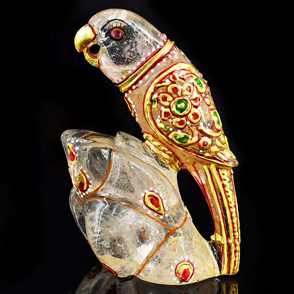 gemsmore:Craftsmen White Quartz Enamel Printed Hand Carved Genuine Crystal Gemstone Carving Parrot