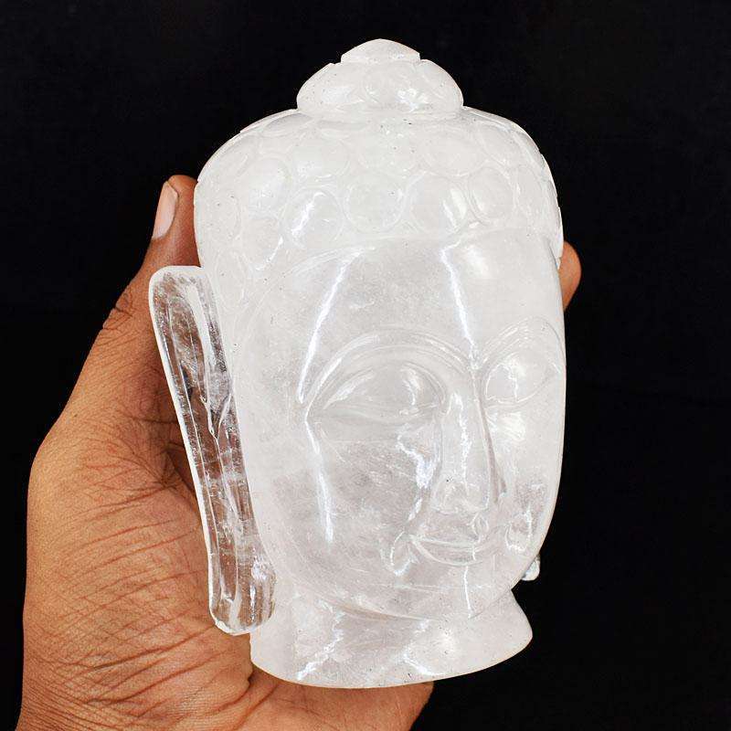 gemsmore:Craftsmen White Quartz Hand Carved Genuine Crystal Gemstone Carving Massive Buddha Head