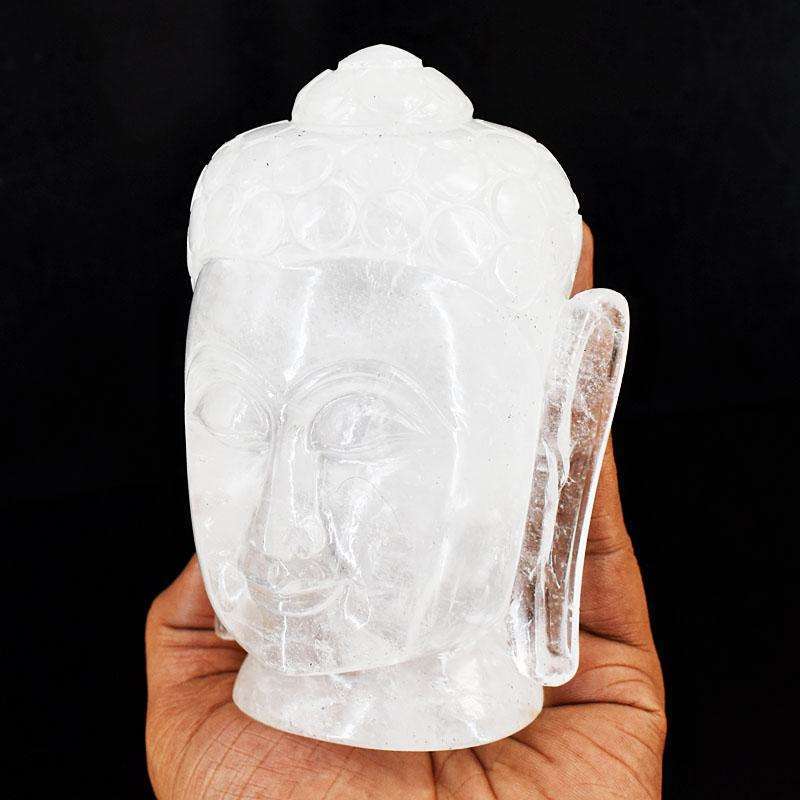 gemsmore:Craftsmen White Quartz Hand Carved Genuine Crystal Gemstone Carving Massive Buddha Head