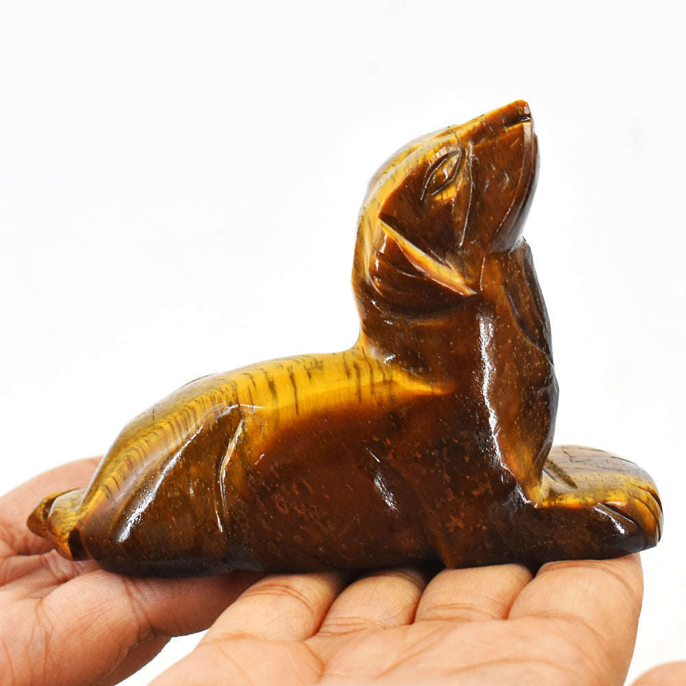 gemsmore:Exclusive  1243.00  Cts  Natural Golden Tiger Eye  Hand Carved Genuine Crystal Gemstone Carving Dog