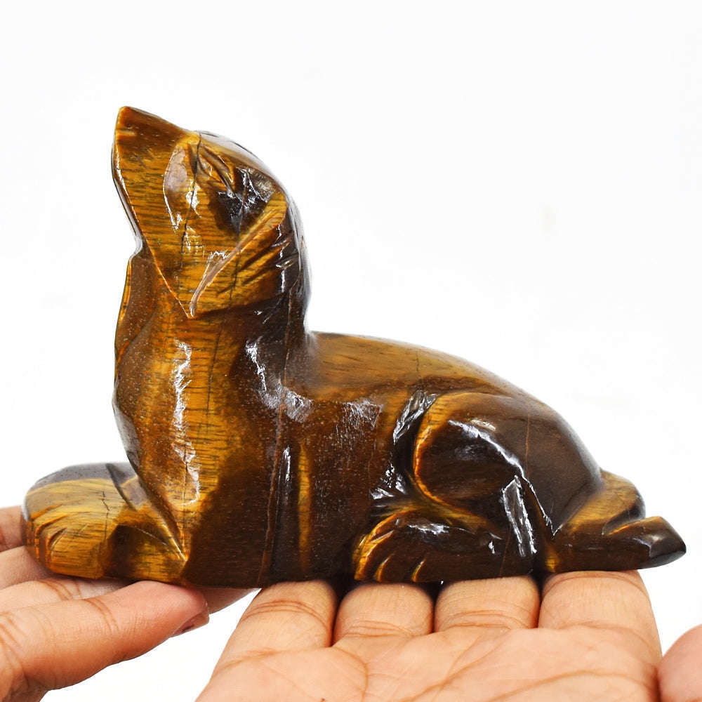 gemsmore:Exclusive  1243.00  Cts  Natural Golden Tiger Eye  Hand Carved Genuine Crystal Gemstone Carving Dog