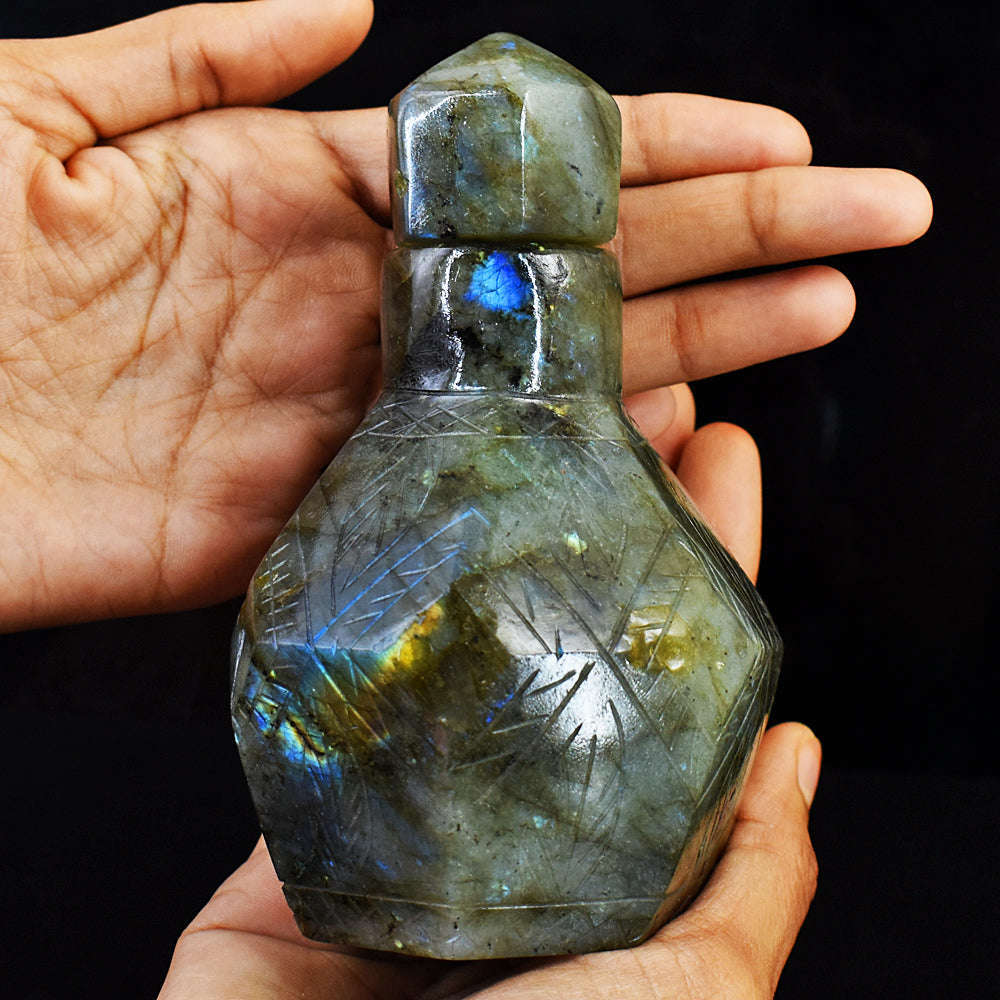 gemsmore:Exclusive Amazing Flash Labradorite  Hand Carved Genuine Crystal Gemstone Carving Perfume Bottle