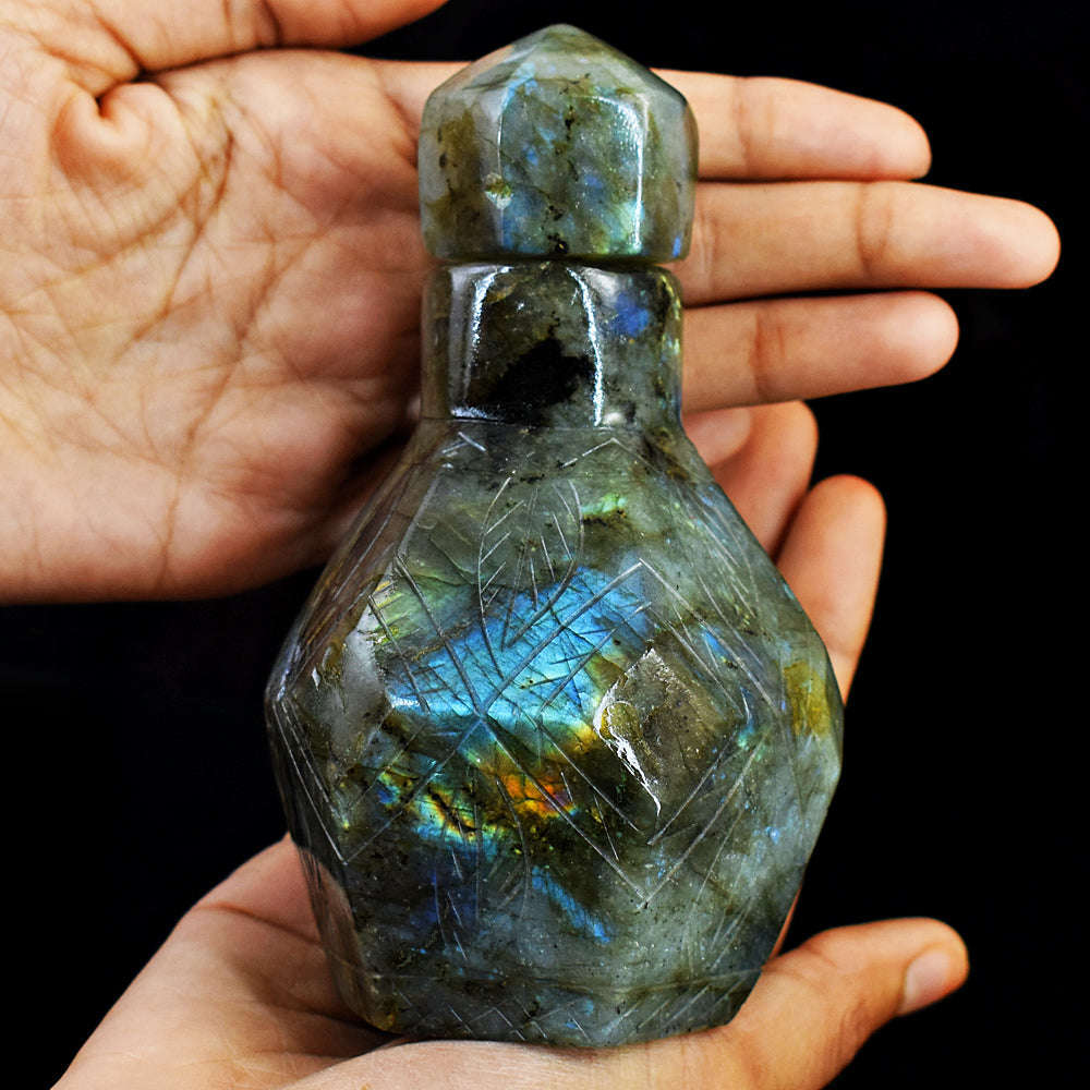 gemsmore:Exclusive Amazing Flash Labradorite  Hand Carved Genuine Crystal Gemstone Carving Perfume Bottle