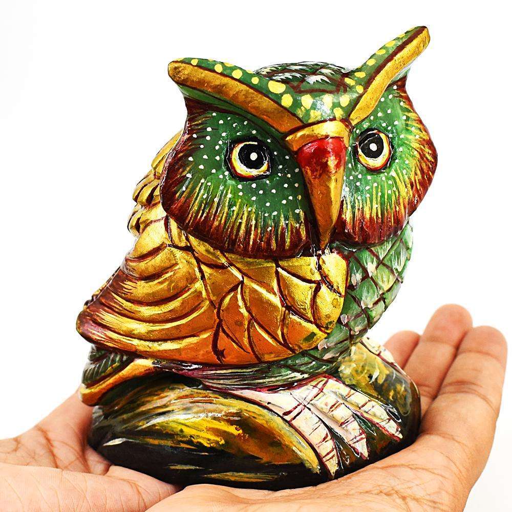 gemsmore:Exclusive Aventurine Enamel Printed Hand Carved Owl