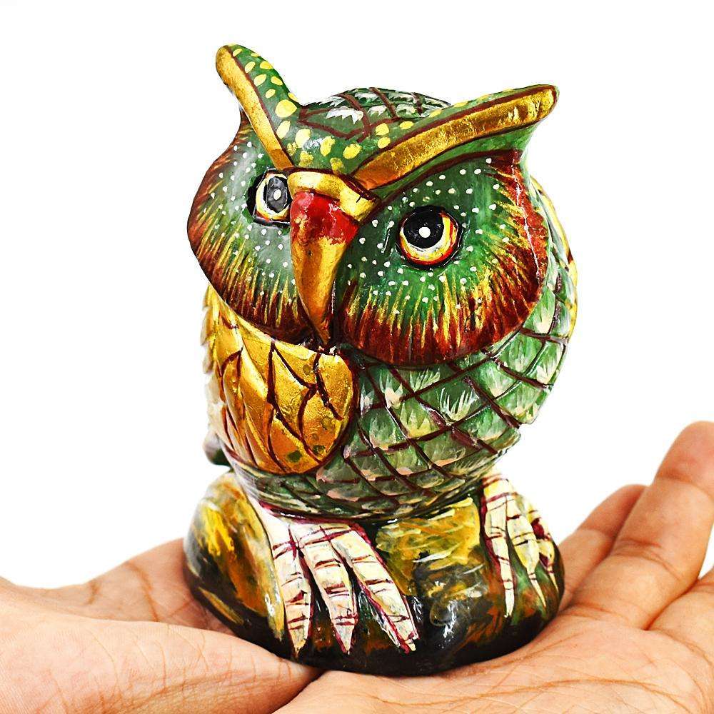 gemsmore:Exclusive Aventurine Enamel Printed Hand Carved Owl