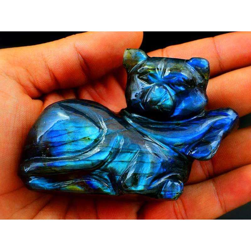 gemsmore:Exclusive Blue Flash Labradorite Hand Carved Cat