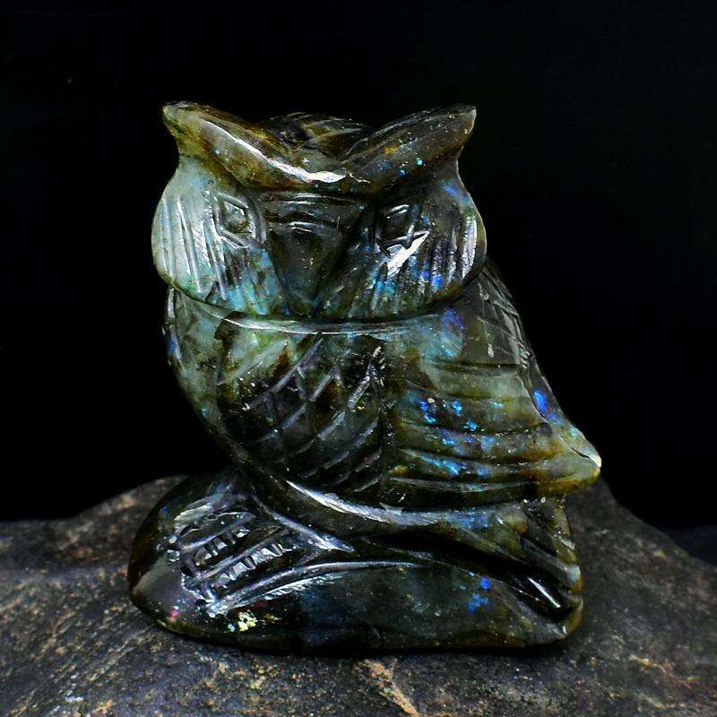 gemsmore:Exclusive Blue Flash Labradorite Hand Carved Gemstone Owl