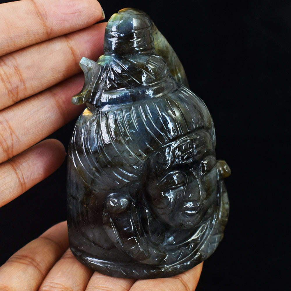 gemsmore:Exclusive Blue & Golden Flash Labradorite Hand Carved Lord Shiva Head  Carving