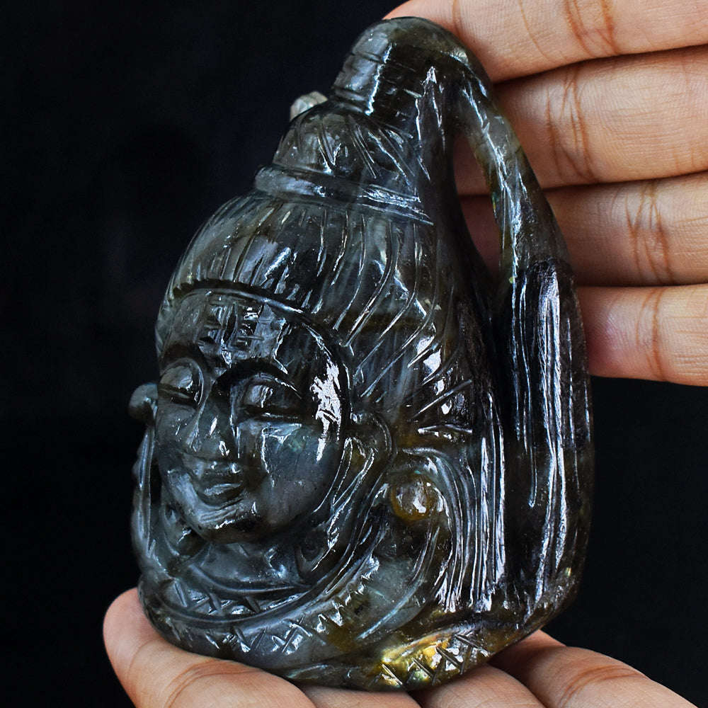 gemsmore:Exclusive Blue & Golden Flash Labradorite Hand Carved Lord Shiva Head  Carving