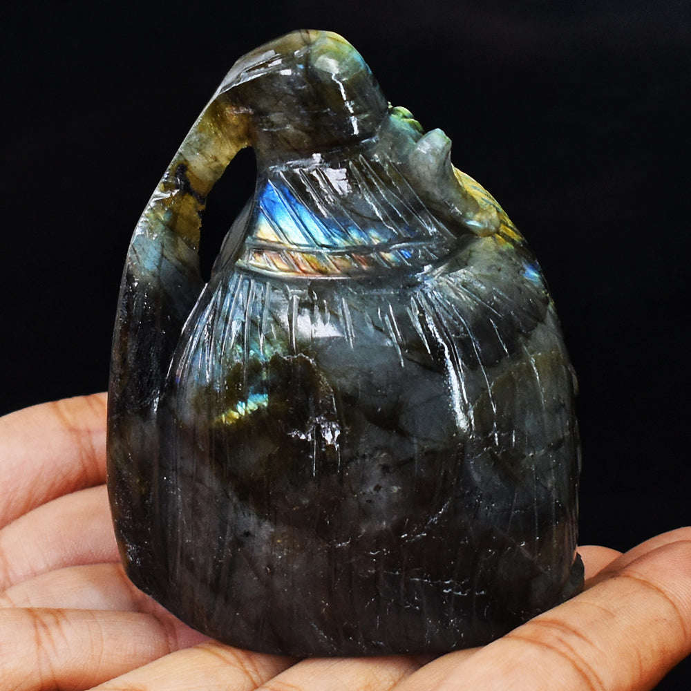 gemsmore:Exclusive Blue & Golden Flash Labradorite Hand Carved Lord Shiva Head  Carving