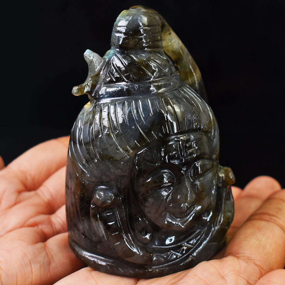 gemsmore:Exclusive Blue & Golden Flash Labradorite Hand Carved Lord Shiva Head  Carving