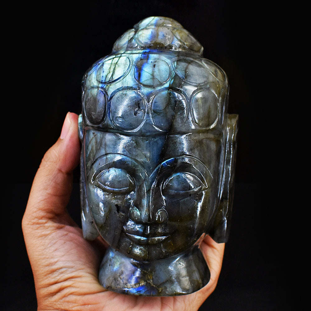 gemsmore:Exclusive Blue & Green Flash Labradorite Hand Carved Genuine Crystal Gemstone Carving Buddha Head