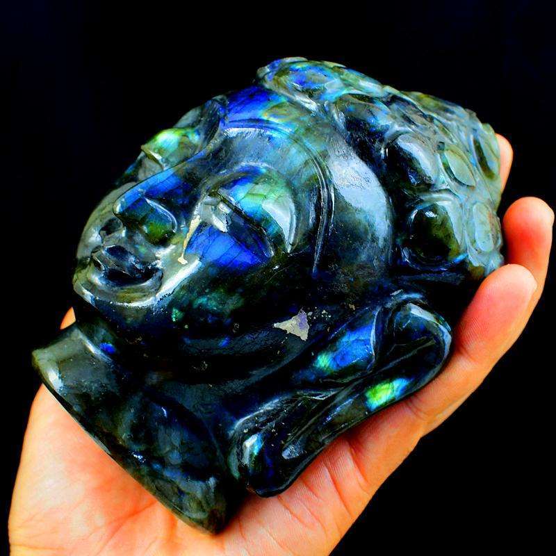 gemsmore:Exclusive Blue Labradorite Gemstone Carved Lord Buddha Head Idol