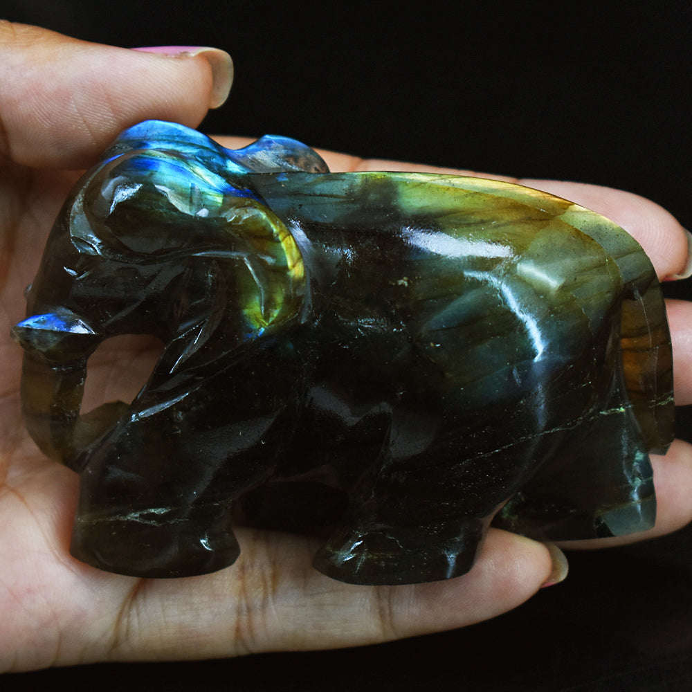 gemsmore:Exclusive Golden & Blue Flash Labradorite Hand Carved Crystal Gemstone Carving Elephant