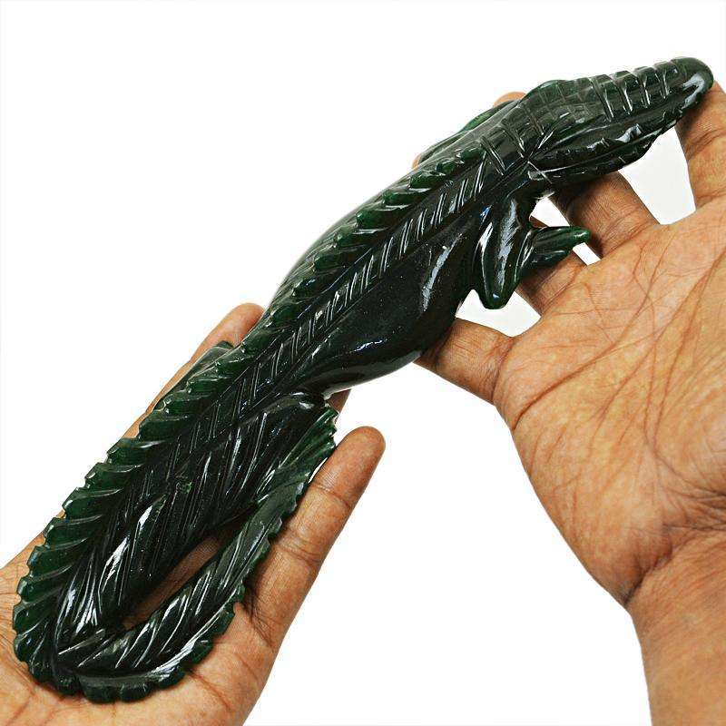 gemsmore:Exclusive Green Jade Carved Crocodile - Artisian Carved