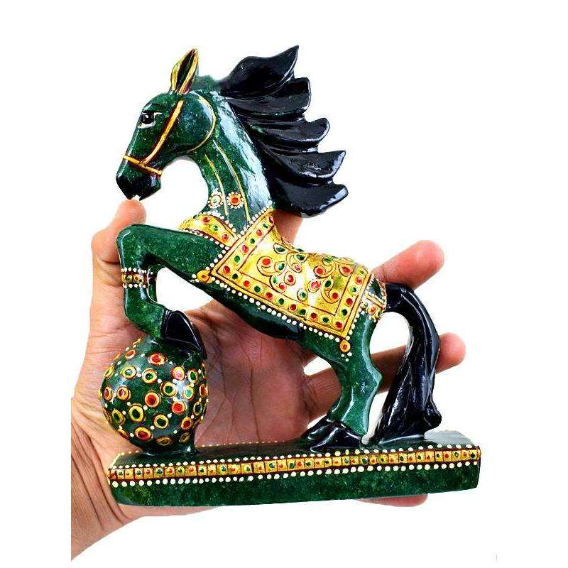 gemsmore:Exclusive Hand Carved Green Jade Enamel Painted Horse Carving