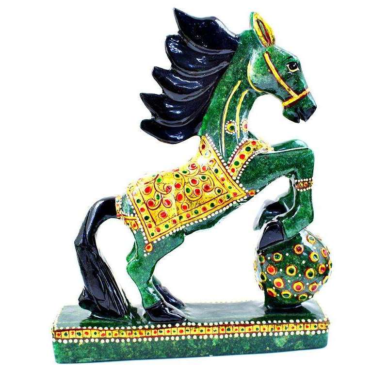 gemsmore:Exclusive Hand Carved Green Jade Enamel Painted Horse Carving