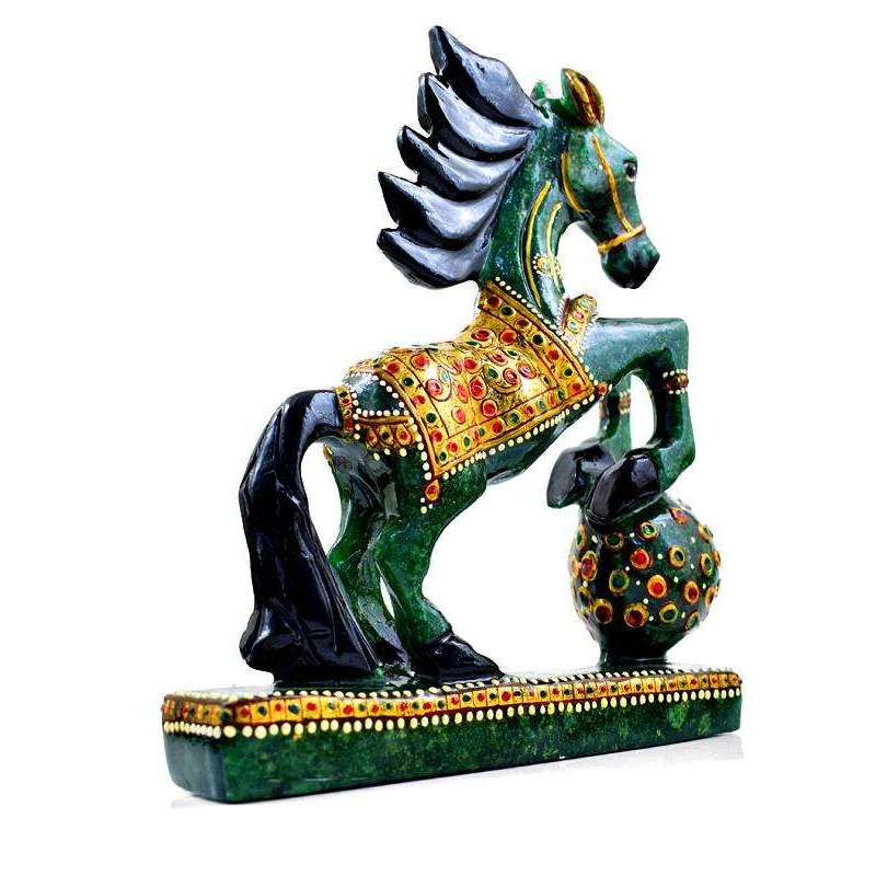 gemsmore:Exclusive Hand Carved Green Jade Enamel Painted Horse Carving