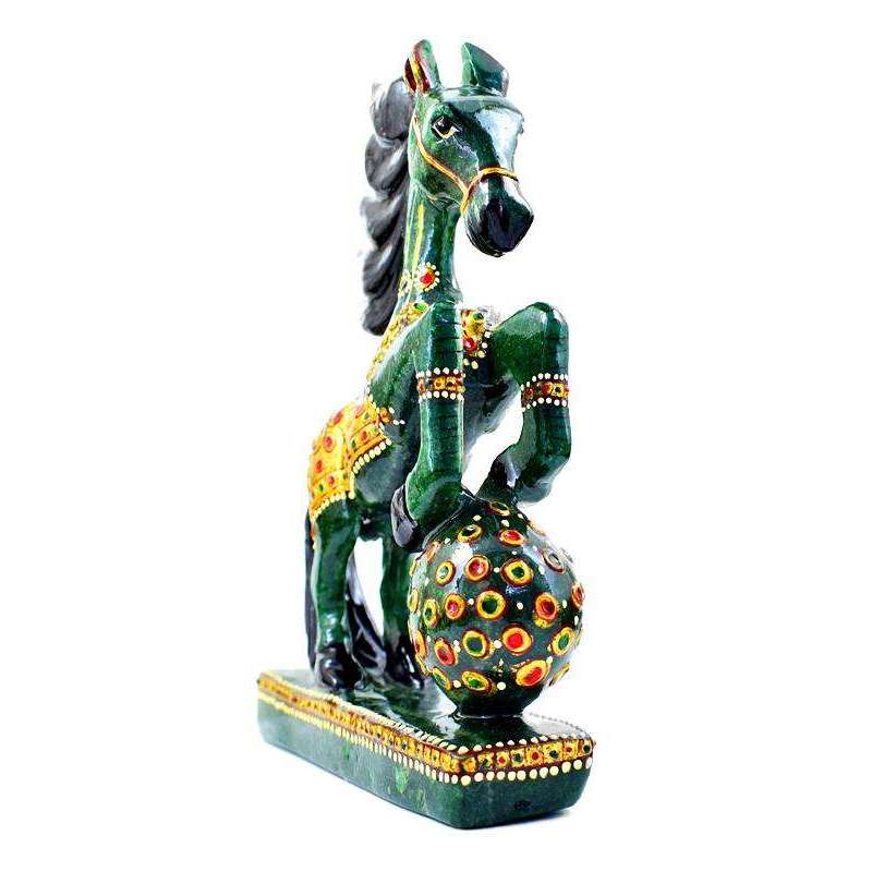 gemsmore:Exclusive Hand Carved Green Jade Enamel Painted Horse Carving