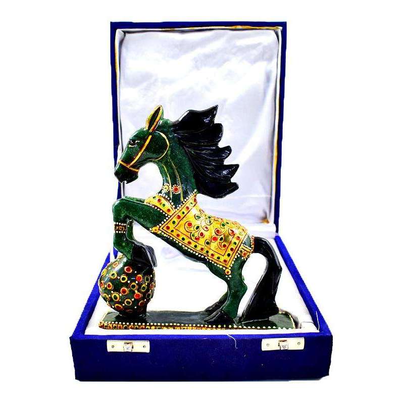 gemsmore:Exclusive Hand Carved Green Jade Enamel Painted Horse Carving