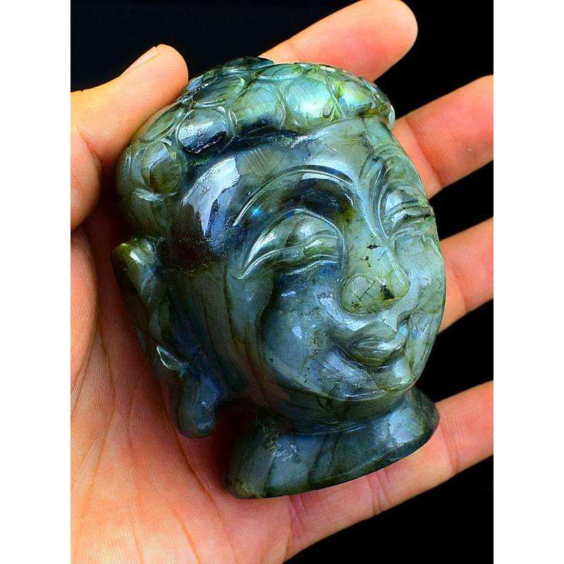 gemsmore:Exclusive Labradorite Gemstone Carved Lord Buddha Head Idol Statute