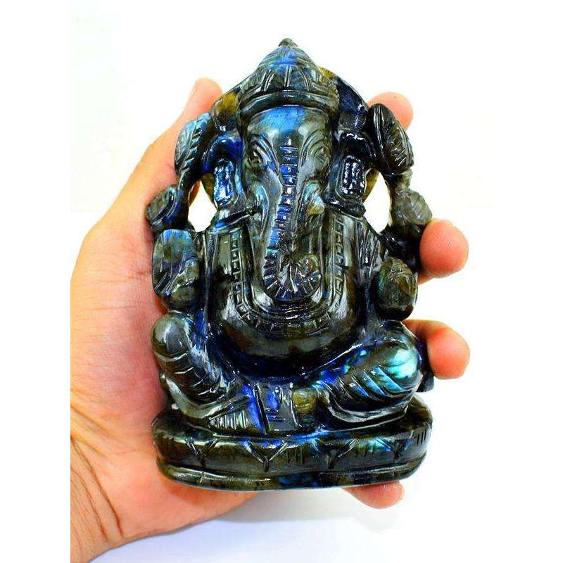 gemsmore:Exclusive Labradorite Gemstone Carved Lord Ganesha Idol Statute