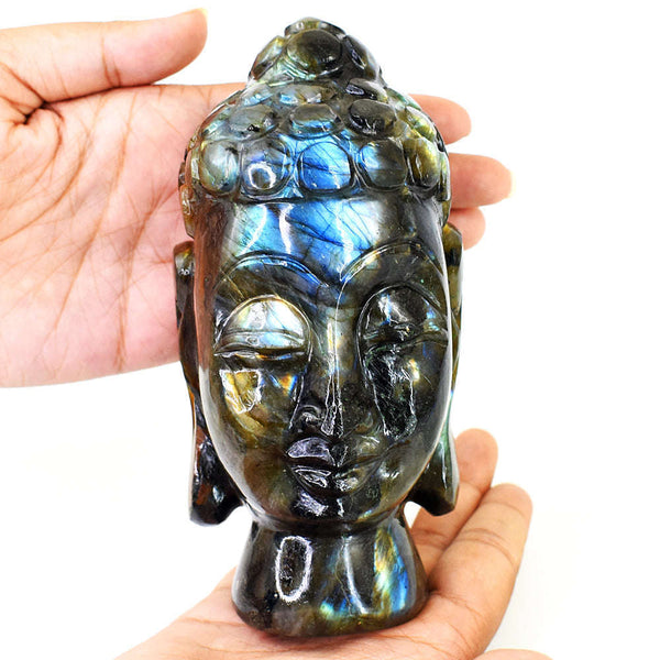gemsmore:Exclusive Labradorite Hand Carved Genuine Crystal Gemstone Carving Buddha Head
