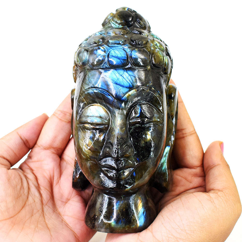 gemsmore:Exclusive Labradorite Hand Carved Genuine Crystal Gemstone Carving Buddha Head