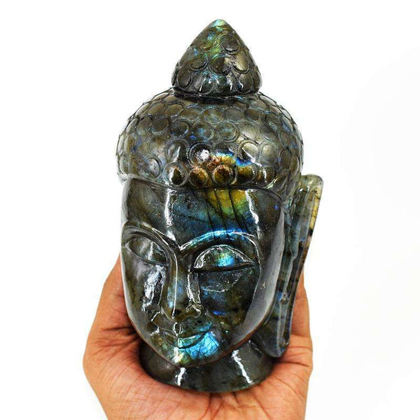 gemsmore:Exclusive Labradorite Hand Carved Genuine Crystal Gemstone Carving Buddha Head