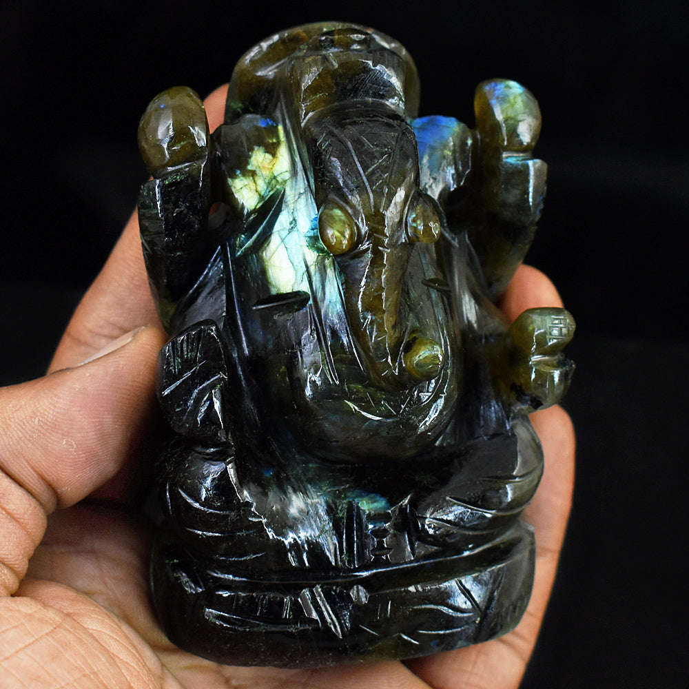 gemsmore:Exclusive Labradorite  Hand Carved Genuine Crystal Gemstone Carving Lord Ganesha