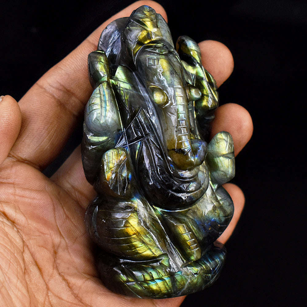 gemsmore:Exclusive Labradorite  Hand Carved Genuine Crystal Gemstone Carving Lord Ganesha