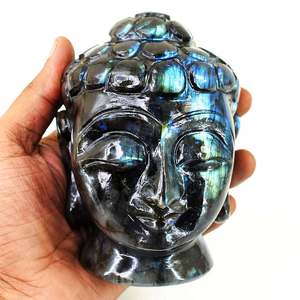 gemsmore:Exclusive Labradorite Hand Carved Genuine Crystal Gemstone Carving Massive Buddha Head