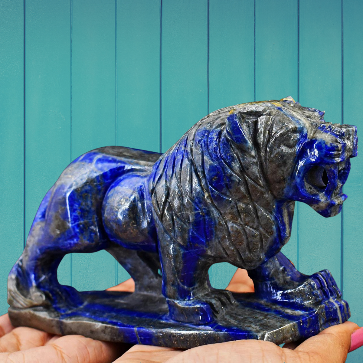 gemsmore:Exclusive Lapis Lazuli Hand Carved Genuine Crystal Lion