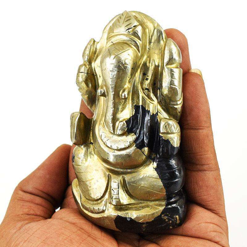 gemsmore:Exclusive Pyrite Hand Carved Genuine Crystal Gemstone Carving Lord Ganesha